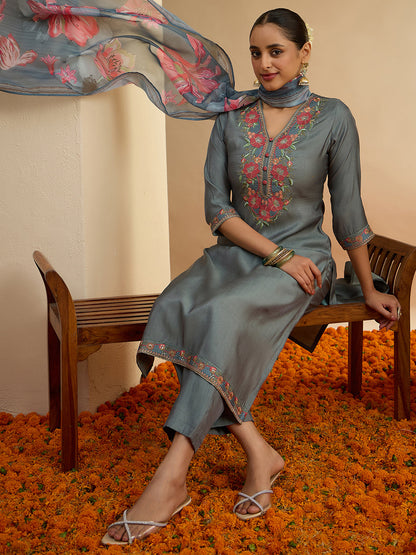 Janasya Women's Grey Silk Blend Floral Yoke Embroidered Straight Kurta Set with Printed Dupatta