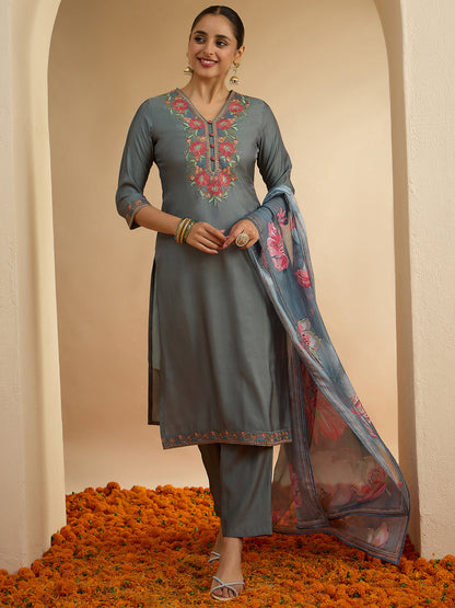 Janasya Women's Grey Silk Blend Floral Yoke Embroidered Straight Kurta Set with Printed Dupatta