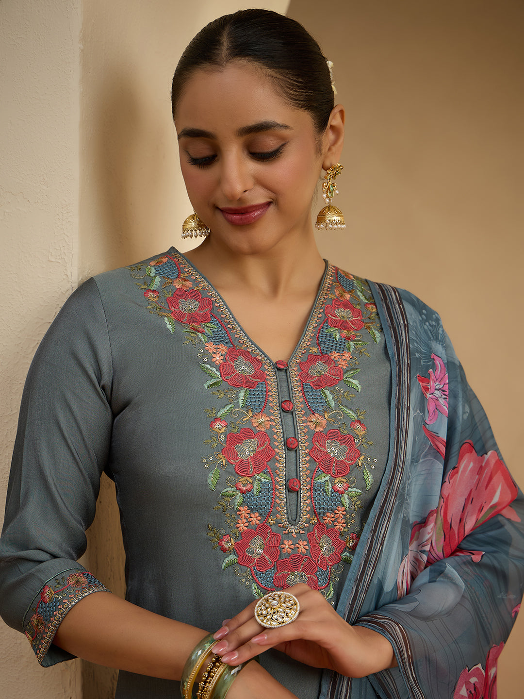 Janasya Women's Grey Silk Blend Floral Yoke Embroidered Straight Kurta Set with Printed Dupatta