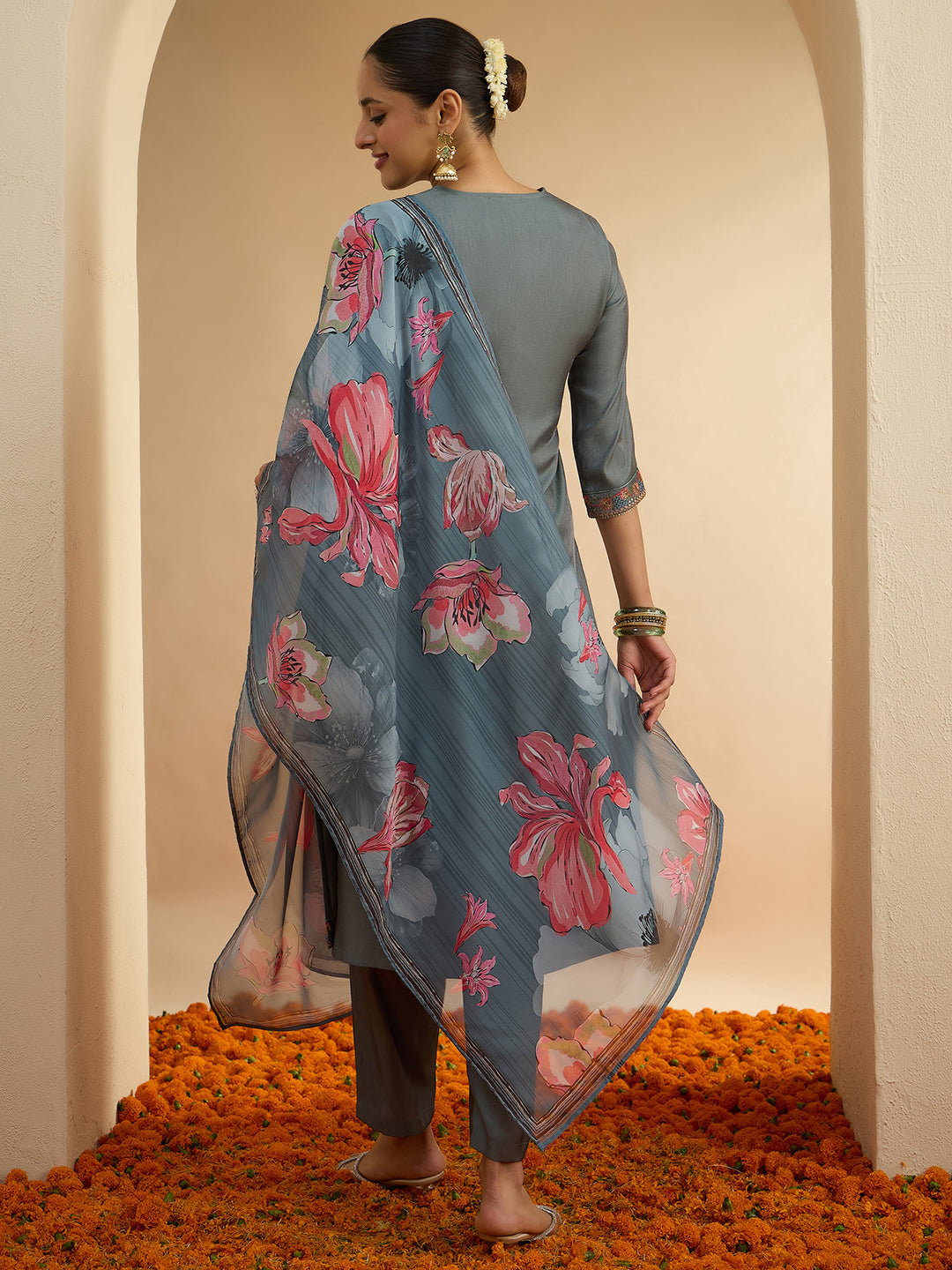 Janasya Women's Grey Silk Blend Floral Yoke Embroidered Straight Kurta Set with Printed Dupatta