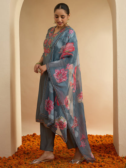 Janasya Women's Grey Silk Blend Floral Yoke Embroidered Straight Kurta Set with Printed Dupatta