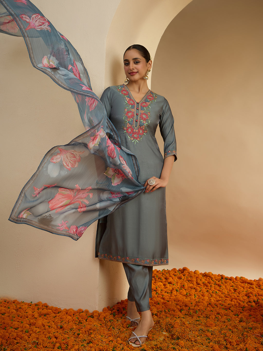 Janasya Women's Grey Silk Blend Floral Yoke Embroidered Straight Kurta Set with Printed Dupatta