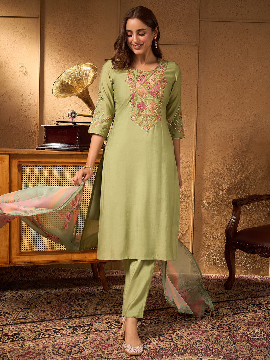 Janasya Women's Sage Green Chanderi Silk Floral Yoke Embroidered Straight Kurta Set with Printed Dupatta