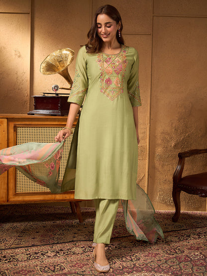 Janasya Women's Sage Green Chanderi Silk Floral Yoke Embroidered Straight Kurta Set with Printed Dupatta
