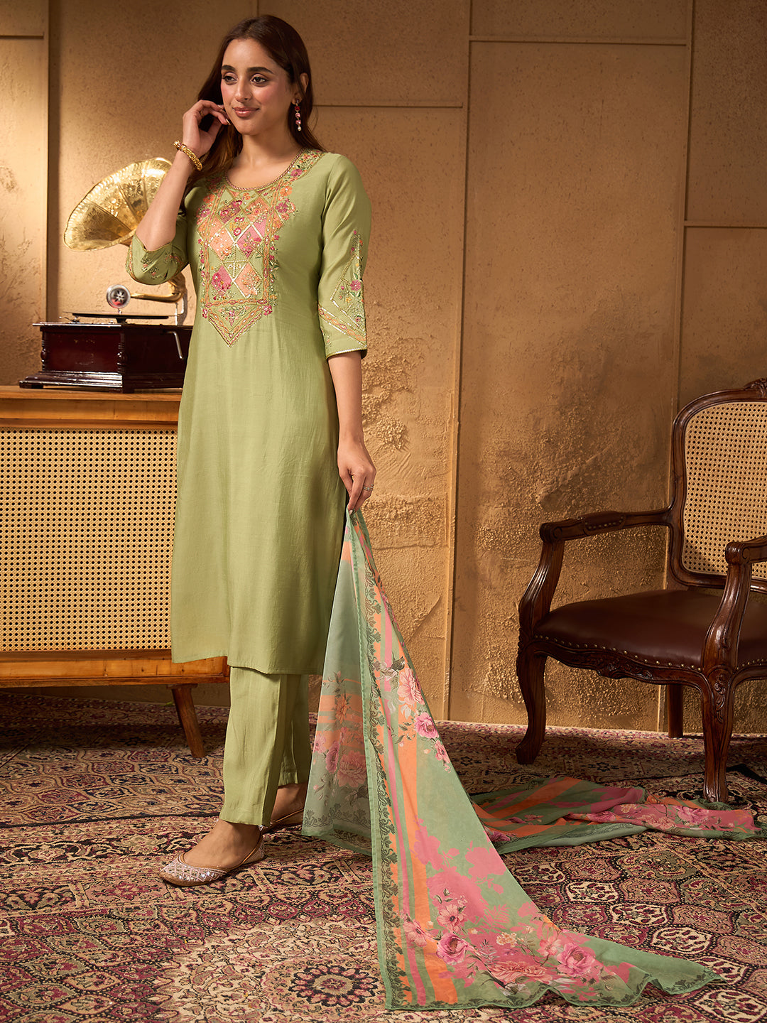 Janasya Women's Sage Green Chanderi Silk Floral Yoke Embroidered Straight Kurta Set with Printed Dupatta