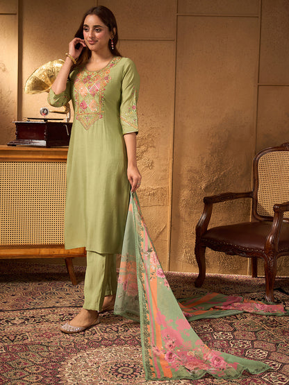 Janasya Women's Sage Green Chanderi Silk Floral Yoke Embroidered Straight Kurta Set with Printed Dupatta