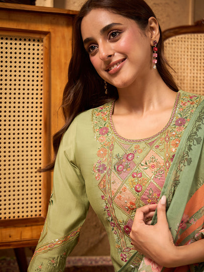Janasya Women's Sage Green Chanderi Silk Floral Yoke Embroidered Straight Kurta Set with Printed Dupatta
