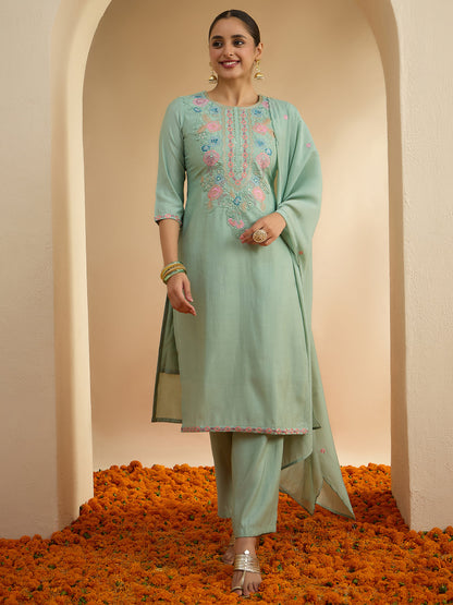 Janasya Women's Mint Green Chanderi Silk Yoke Embroidered Straight Kurta Set