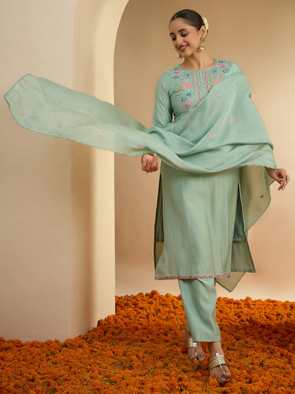 Janasya Women's Mint Green Chanderi Silk Yoke Embroidered Straight Kurta Set