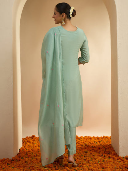 Janasya Women's Mint Green Chanderi Silk Yoke Embroidered Straight Kurta Set