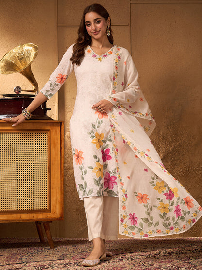 Janasya Women's Beige Pure Cotton Schiffli Floral Printed Straight Kurta Set