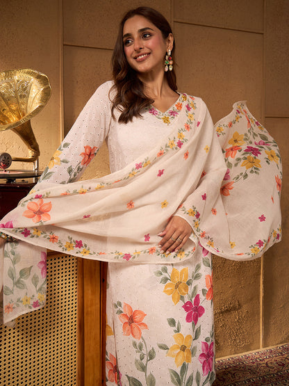 Janasya Women's Beige Pure Cotton Schiffli Floral Printed Straight Kurta Set