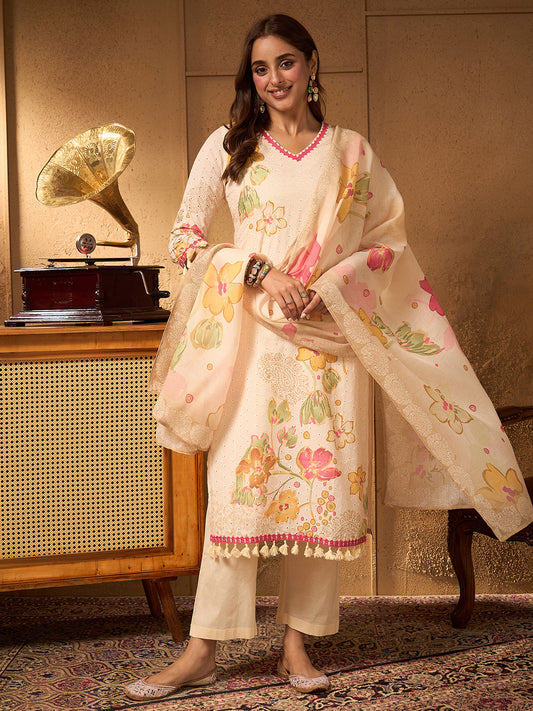 Janasya Women's Cream Pure Cotton Schiffli Floral Printed Straight Kurta Set