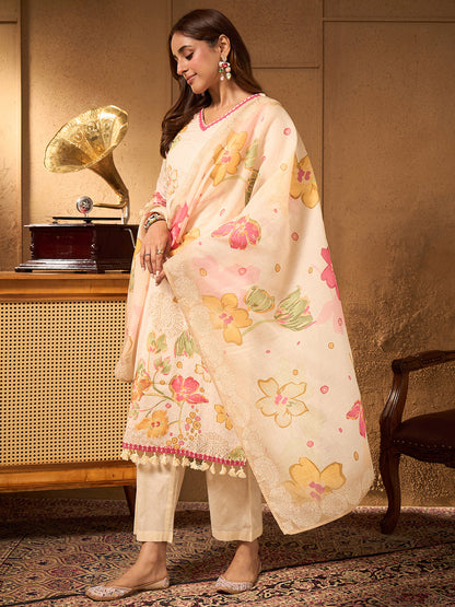 Janasya Women's Cream Pure Cotton Schiffli Floral Printed Straight Kurta Set