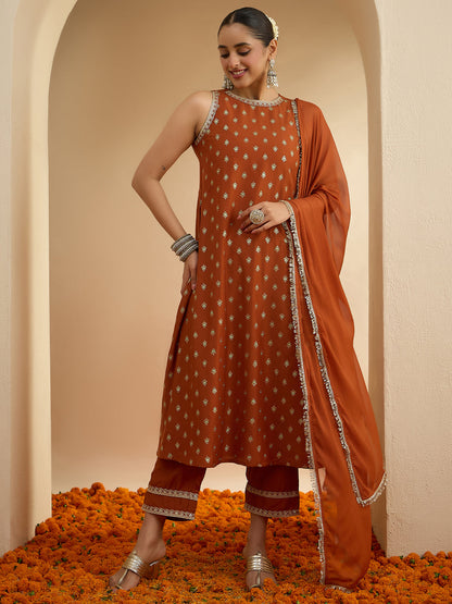 Janasya Women's Rust Brown Silk Blend Embellished Foil Printed A-Line Kurta Set