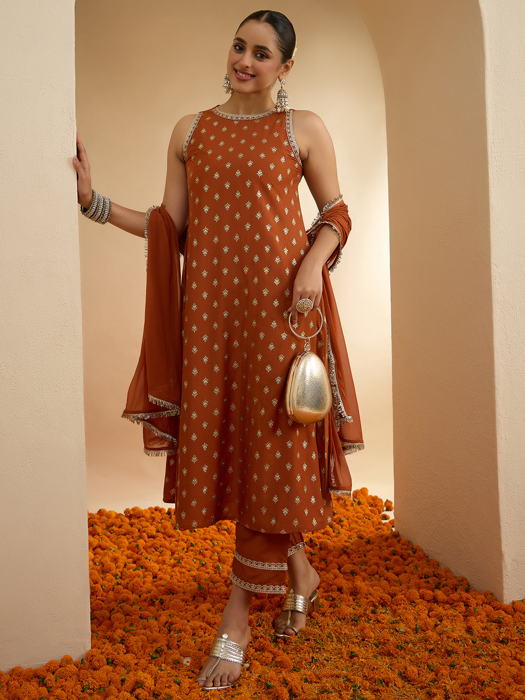 Janasya Women's Rust Brown Silk Blend Embellished Foil Printed A-Line Kurta Set