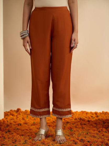 Janasya Women's Rust Brown Silk Blend Embellished Foil Printed A-Line Kurta Set
