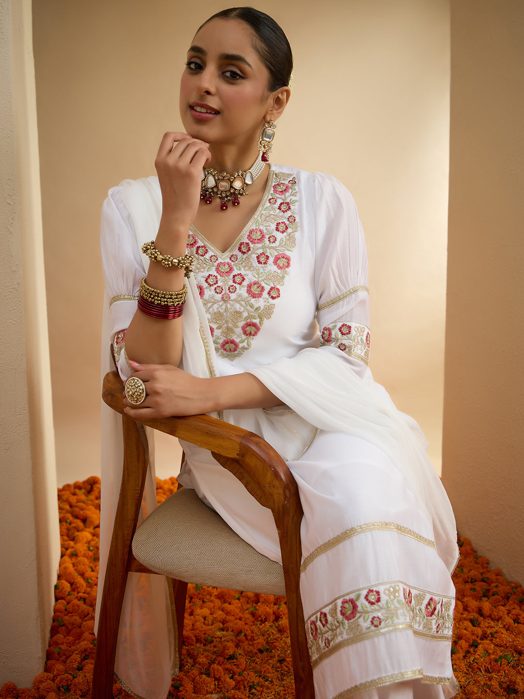 Janasya Women's White Chanderi Silk Floral Embroidered Straight Kurta Set