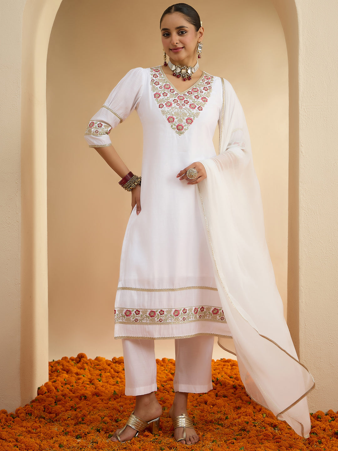 Janasya Women's White Chanderi Silk Floral Embroidered Straight Kurta Set