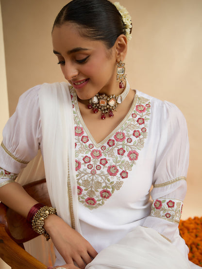 Janasya Women's White Chanderi Silk Floral Embroidered Straight Kurta Set