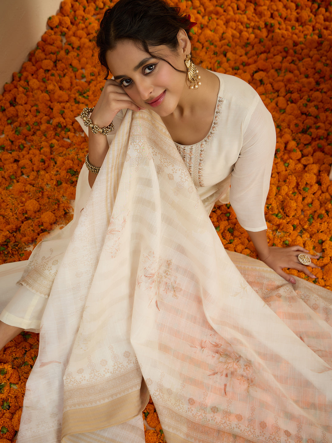 Janasya Women's Cream Linen Blend Floral Embroidered Straight Kurta Set with Printed Dupatta