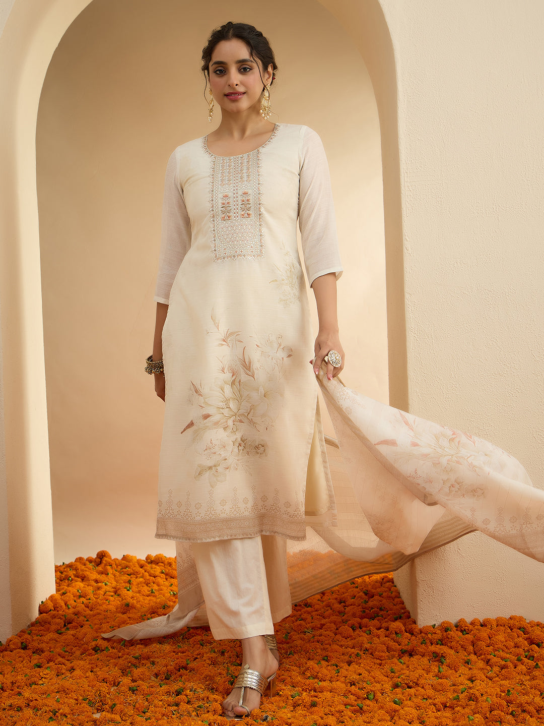 Janasya Women's Cream Linen Blend Floral Embroidered Straight Kurta Set with Printed Dupatta