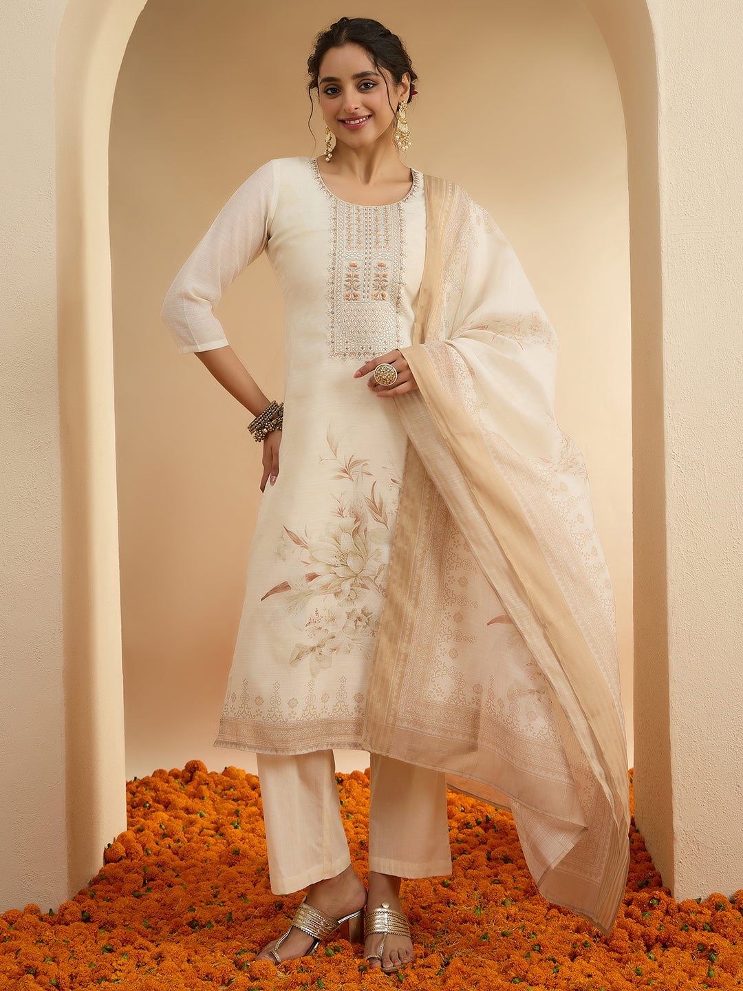Janasya Women's Cream Linen Blend Floral Embroidered Straight Kurta Set with Printed Dupatta