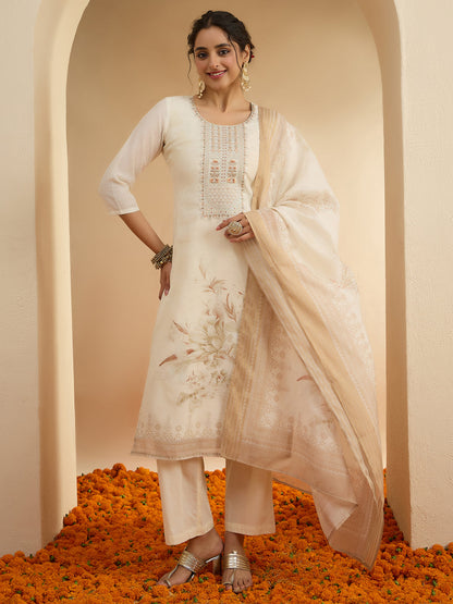 Janasya Women's Cream Linen Blend Floral Embroidered Straight Kurta Set with Printed Dupatta