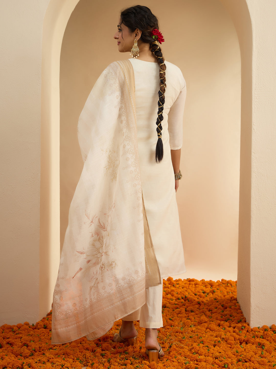 Janasya Women's Cream Linen Blend Floral Embroidered Straight Kurta Set with Printed Dupatta