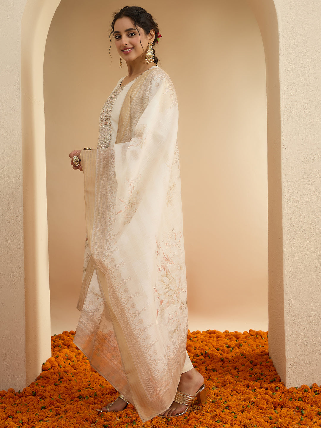 Janasya Women's Cream Linen Blend Floral Embroidered Straight Kurta Set with Printed Dupatta