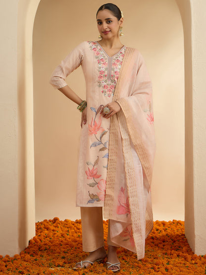 Janasya Women's Light Peach Linen Blend Floral Embroidered Straight Kurta Set with Printed Dupatta