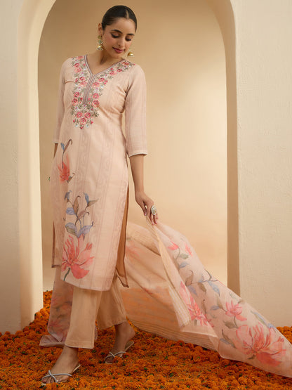 Janasya Women's Light Peach Linen Blend Floral Embroidered Straight Kurta Set with Printed Dupatta