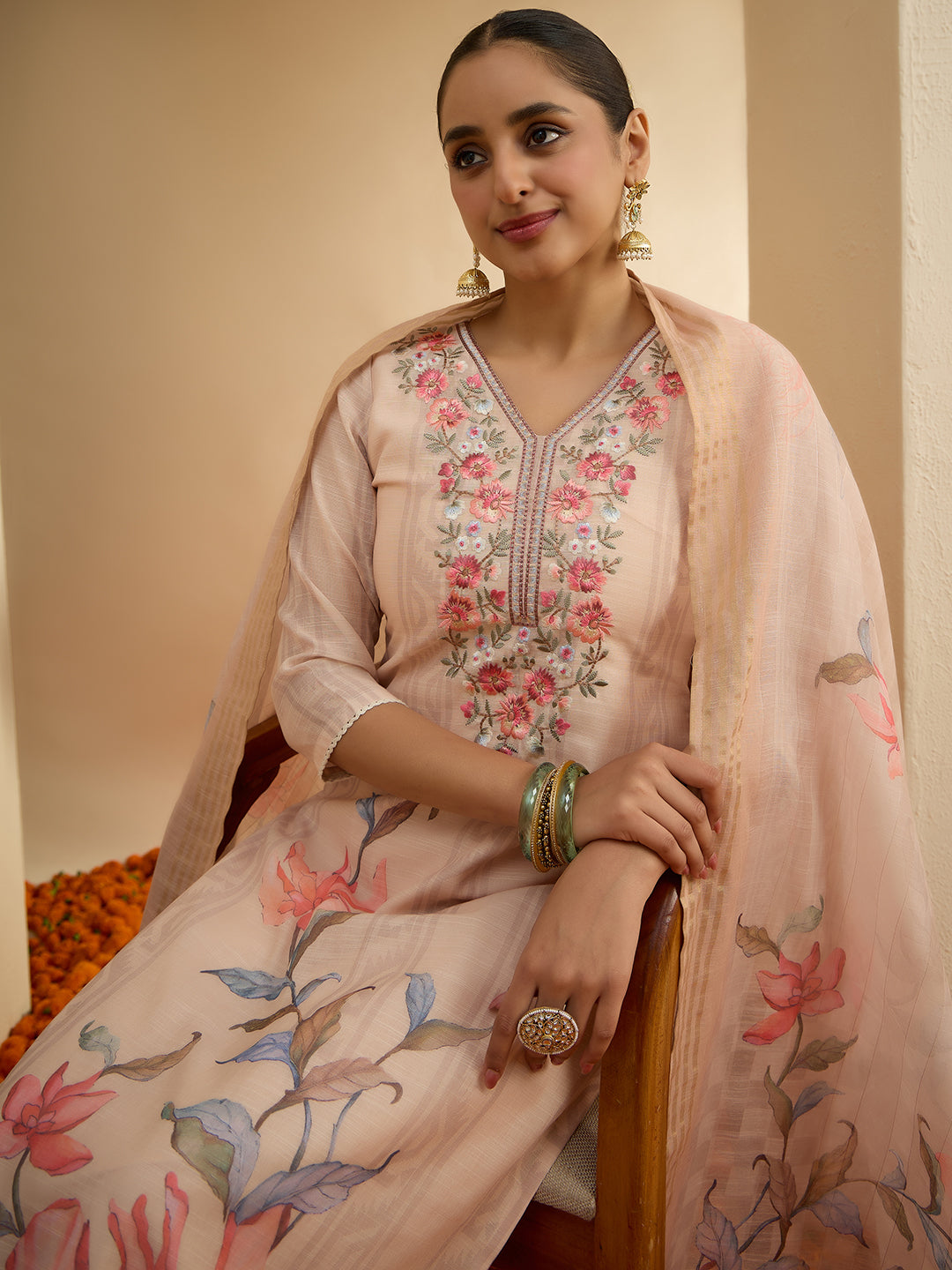 Janasya Women's Light Peach Linen Blend Floral Embroidered Straight Kurta Set with Printed Dupatta