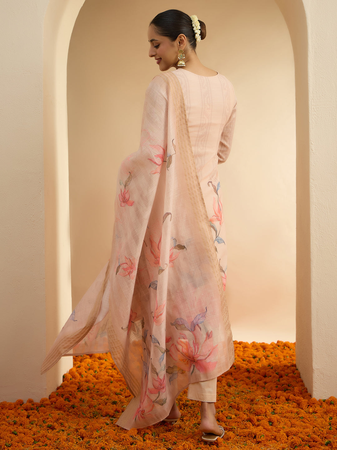 Janasya Women's Light Peach Linen Blend Floral Embroidered Straight Kurta Set with Printed Dupatta