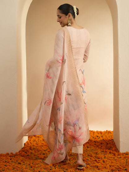 Janasya Women's Light Peach Linen Blend Floral Embroidered Straight Kurta Set with Printed Dupatta