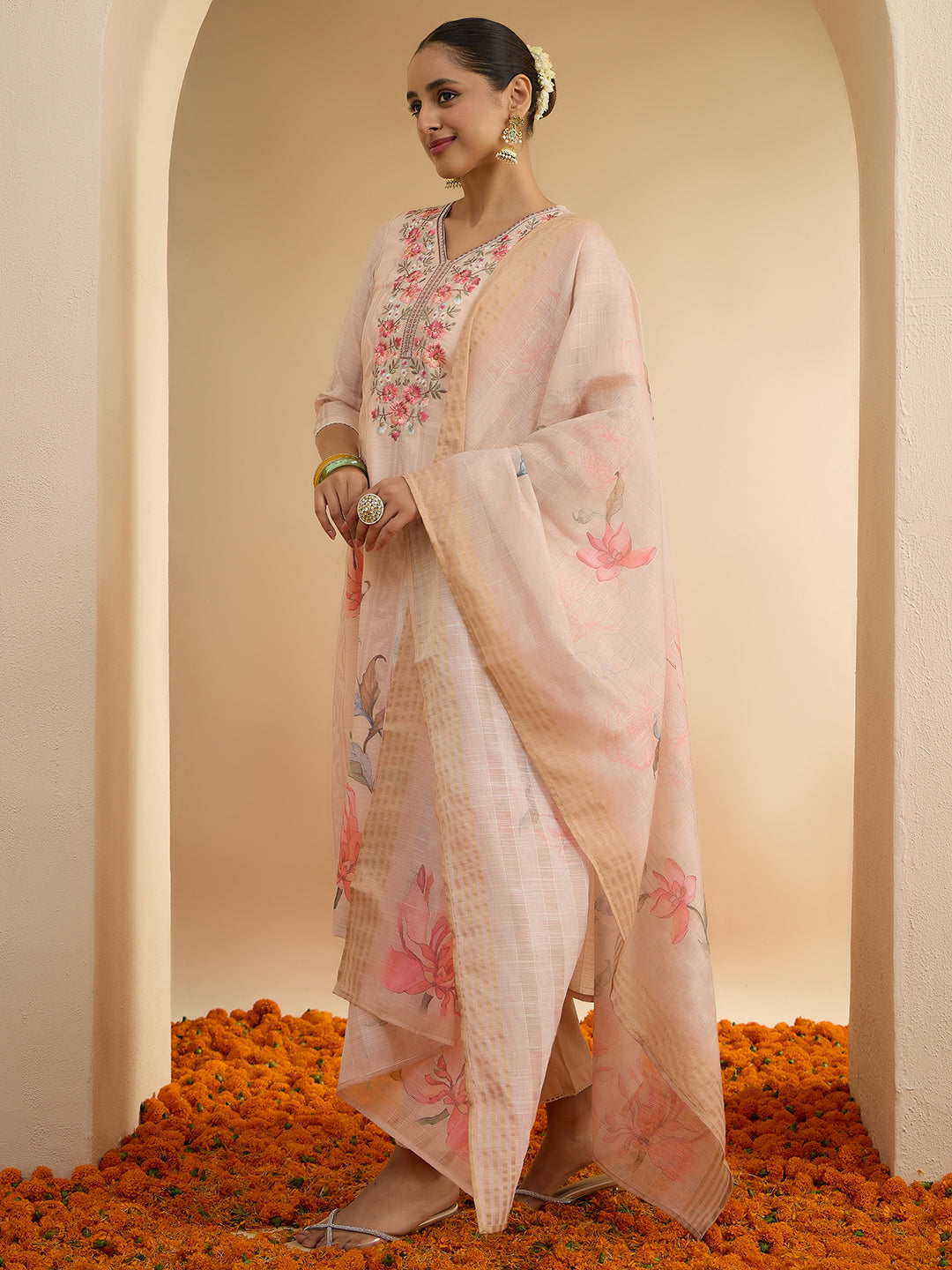 Janasya Women's Light Peach Linen Blend Floral Embroidered Straight Kurta Set with Printed Dupatta