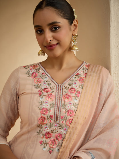 Janasya Women's Light Peach Linen Blend Floral Embroidered Straight Kurta Set with Printed Dupatta