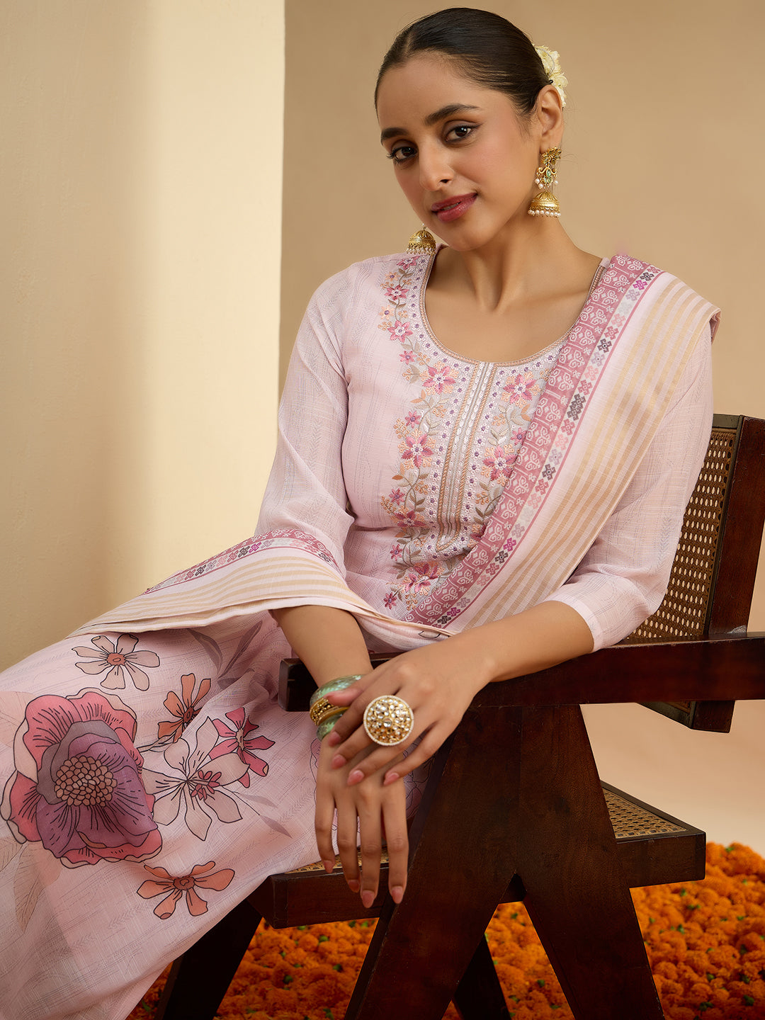 Janasya Women's Light Pink Linen Blend Floral Embroidered Straight Kurta Set with Printed Dupatta