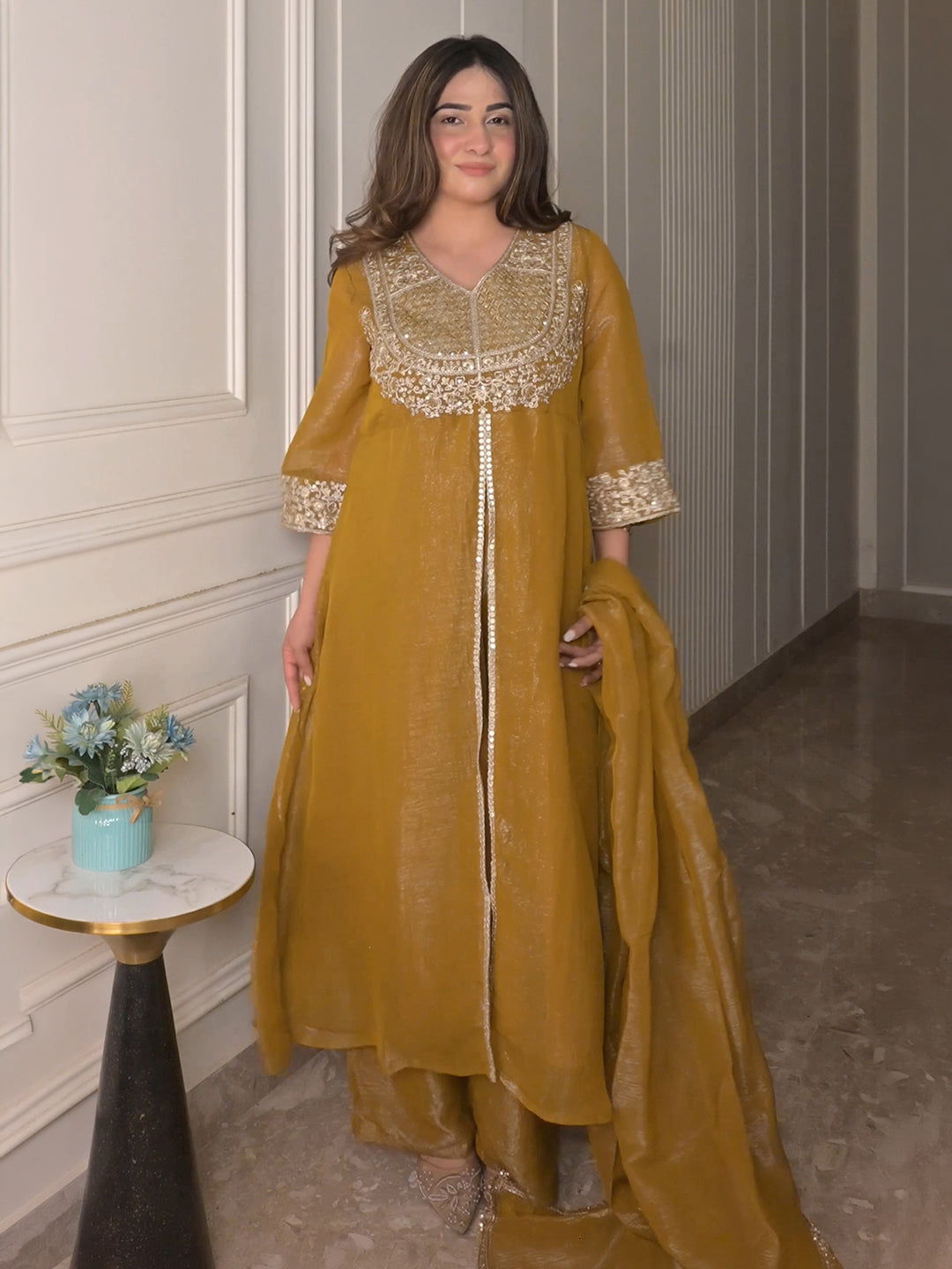 Janasya Women’s Olive Mustard Silk Blend Floral Embroidered A-Line Front-Open Kurta Set