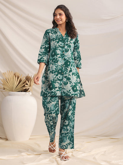 Green Pure Cotton Floral Printed A-line Co-ord Set