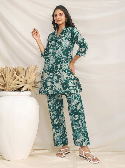 Green Pure Cotton Floral Printed A-line Co-ord Set