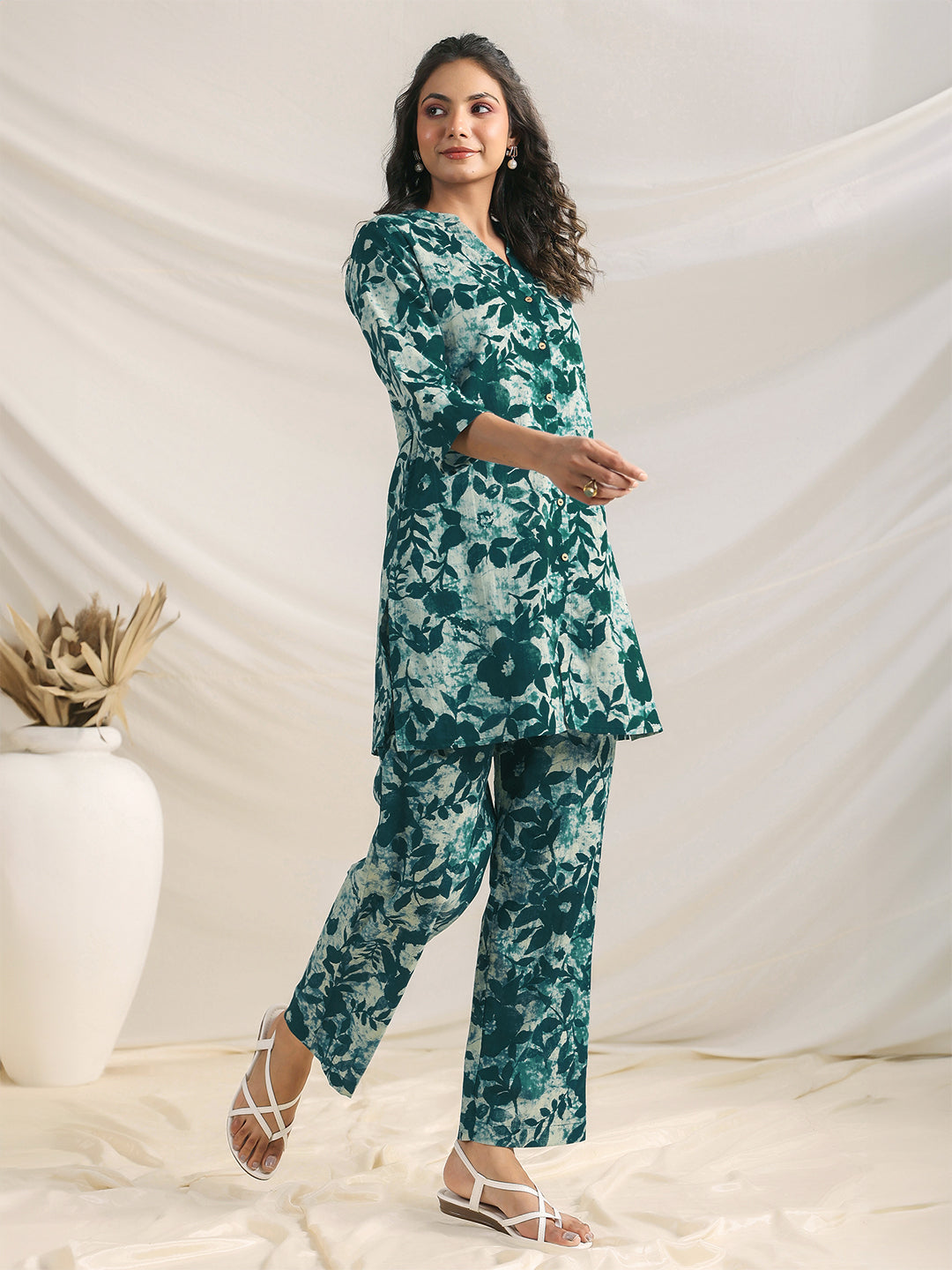 Green Pure Cotton Floral Printed A-line Co-ord Set