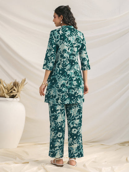 Green Pure Cotton Floral Printed A-line Co-ord Set