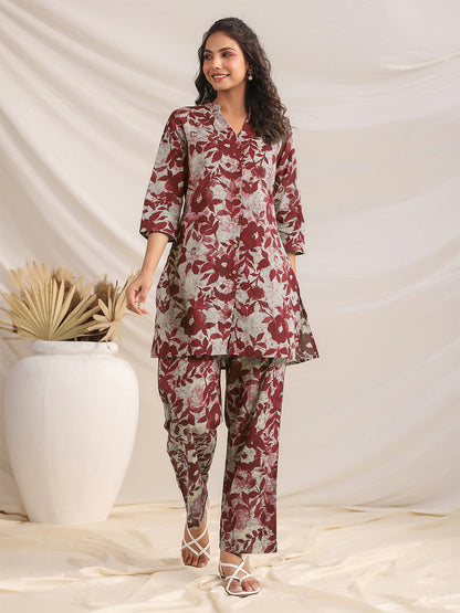 Maroon Pure Cotton Floral Printed Straight Co-ord Set