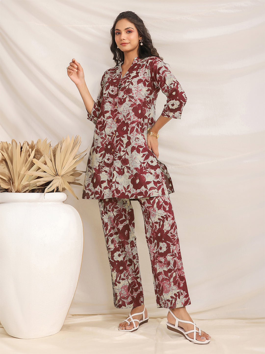 Maroon Pure Cotton Floral Printed Straight Co-ord Set