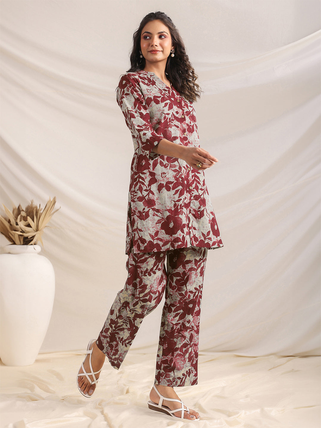 Maroon Pure Cotton Floral Printed Straight Co-ord Set