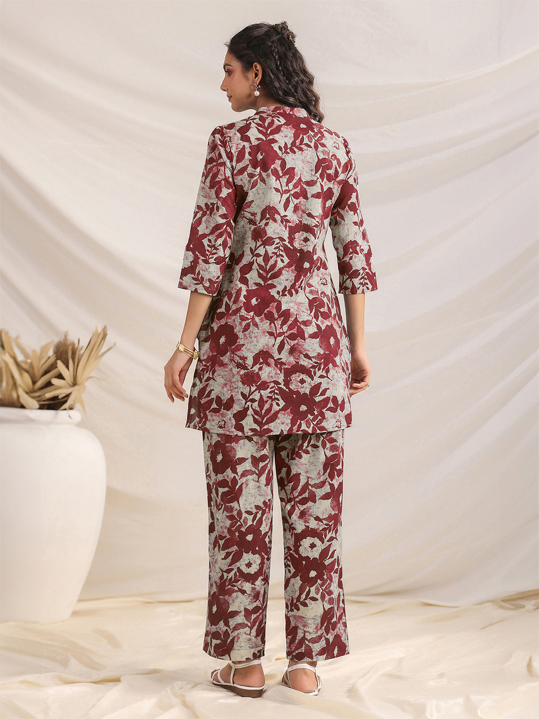 Maroon Pure Cotton Floral Printed Straight Co-ord Set