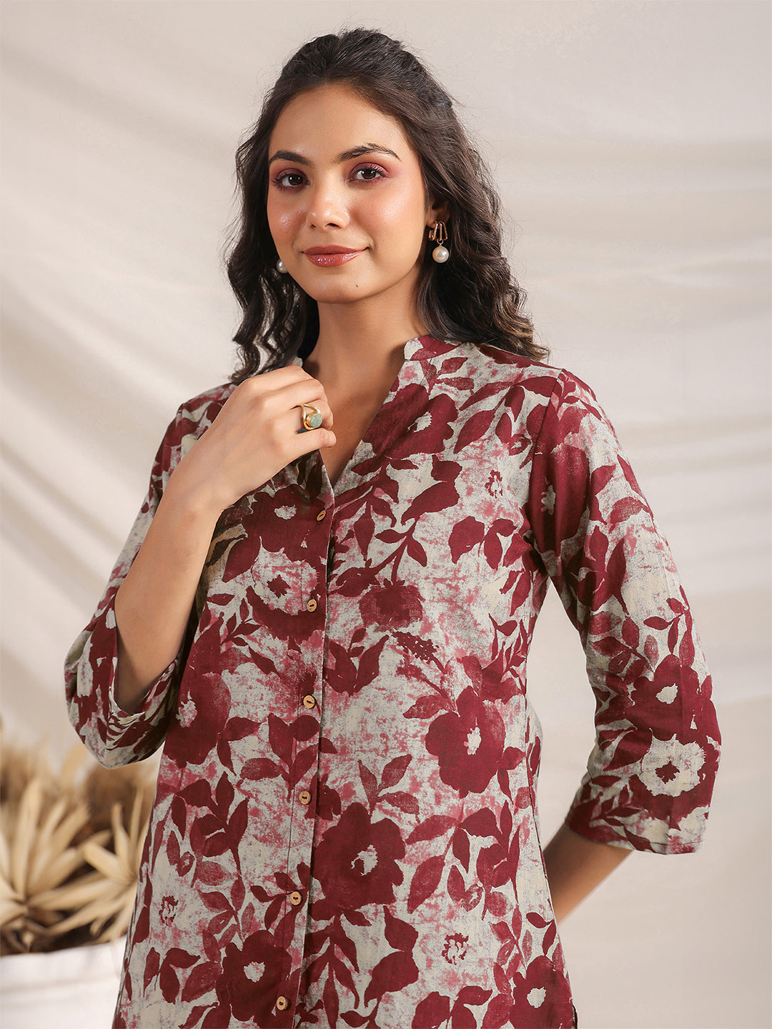 Maroon Pure Cotton Floral Printed Straight Co-ord Set