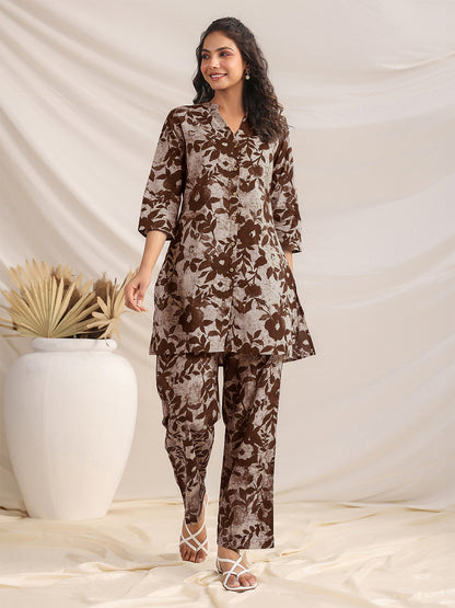 Brown Pure Cotton Floral Printed Straight Co-ord Set