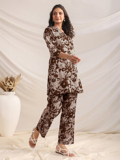 Brown Pure Cotton Floral Printed Straight Co-ord Set